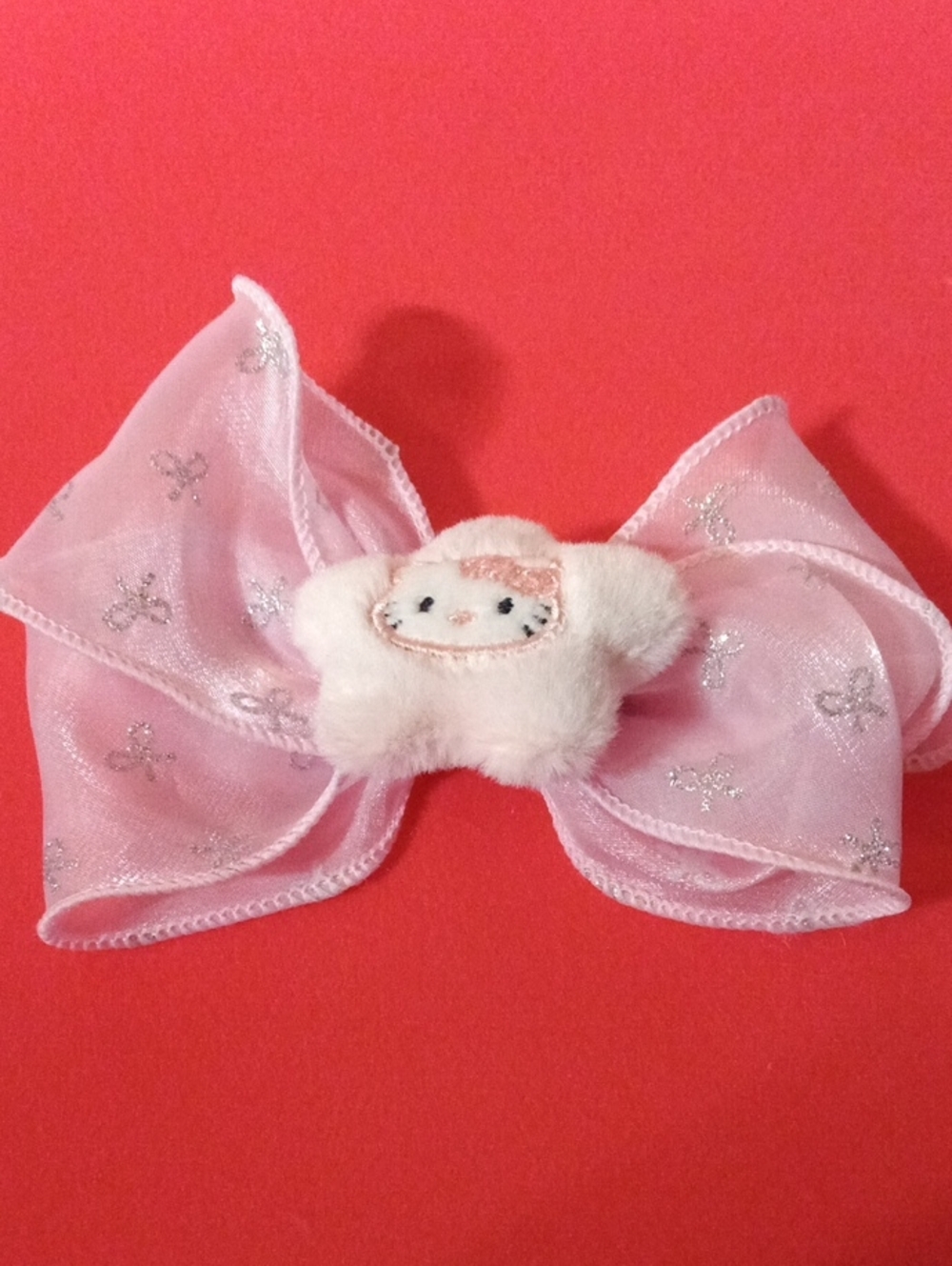 Pink Plush Bow Hair Clip with Sparkle Organza and Cute Character